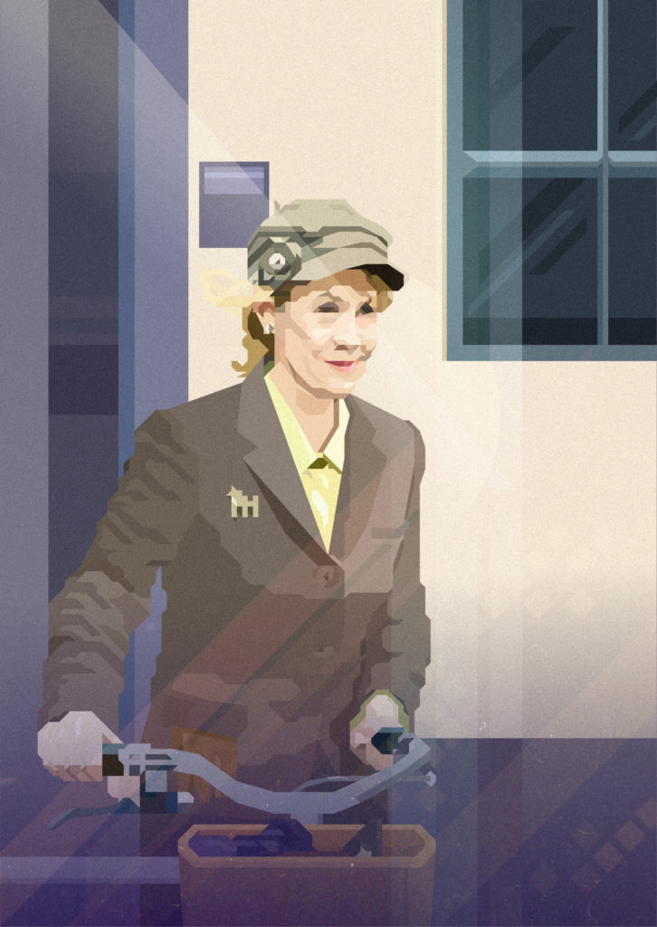 Illustration of elderly lady at the tweed run in London